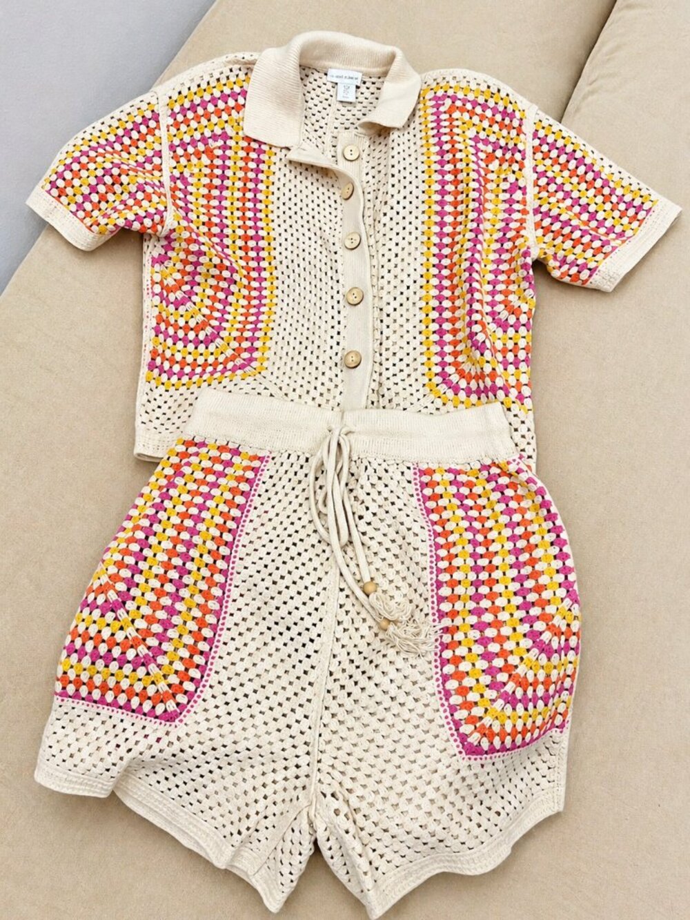 house of harlow 1960 crochet top shorts set cream multi S - Picture 1 of 11